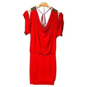 Cache Dress MSRP $68 Open Shoulder Drape Crisscross Back Elastic Beaded Red XS